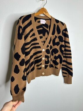 Brodie Cashmere Animal Print Neutral 100% Cashmere Cardigan Sweater Size Small